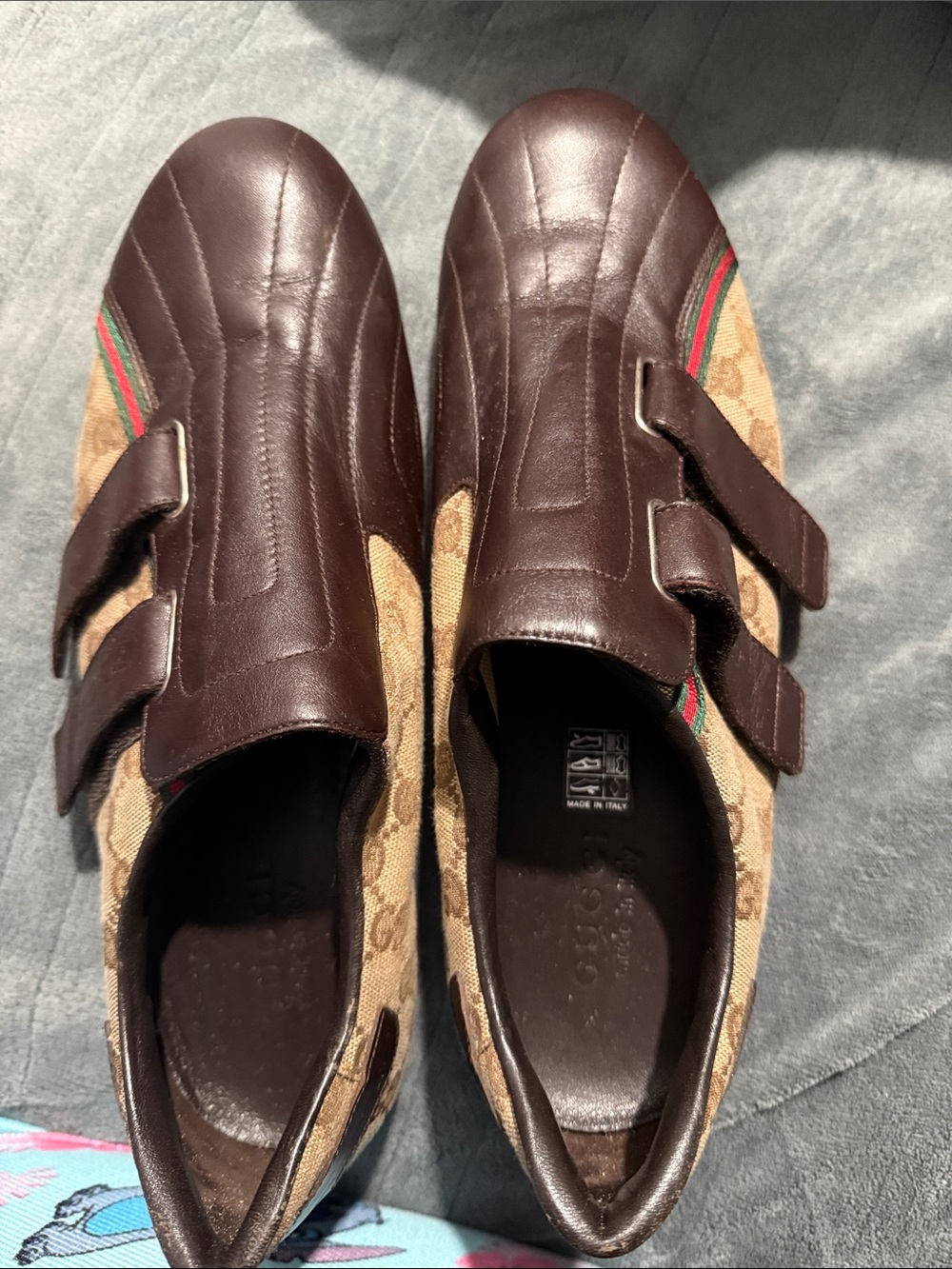 Gucci Brown Leather & Beige Monogram Slip-On Loafers with Red-Green Stripe